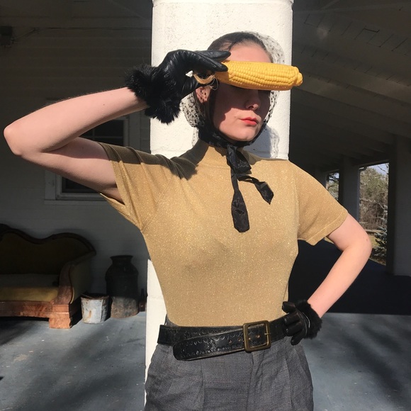 Vintage 70s Disco Gold knit mock neck top / M-L - Picture 3 of 6